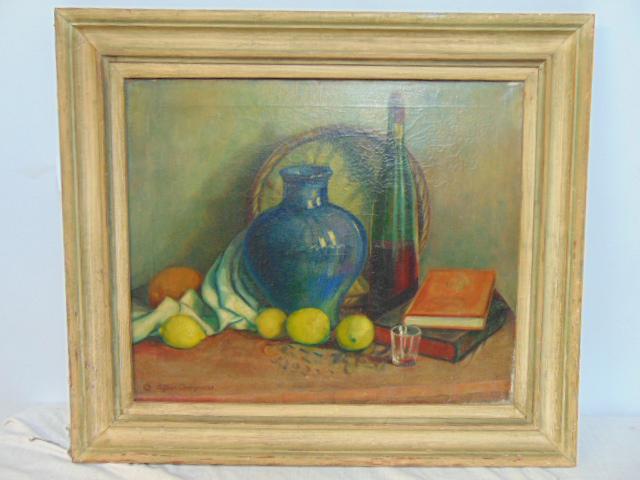 Painting, still-life with bottle, lemons, Alfred Castagne, 1928", oil on canvas, canvas is 20" by: Painting, still-life with bottle, lemons, Alfred Castagne, 1928", oil on canvas, canvas is 20" by 24"
