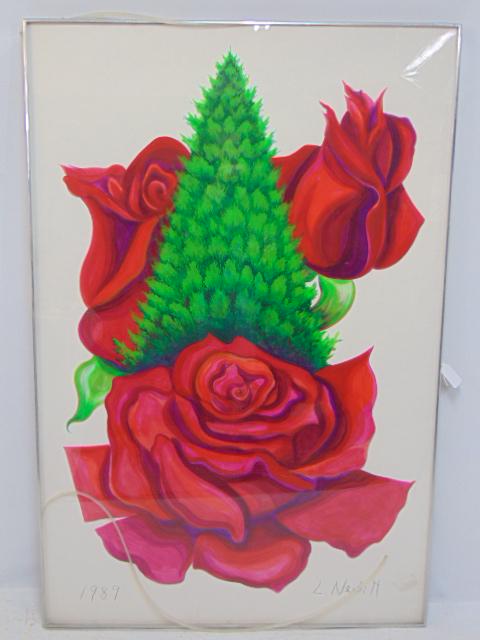 Painting, "The Rose Tree", Lowell Nesbitt, acrylic on museum board, 60" by 40", highlights of this: Painting, "The Rose Tree", Lowell Nesbitt, acrylic on museum board, 60" by 40", highlights of this tree include : The signature Tree for Night of 100 Trees, 1989.