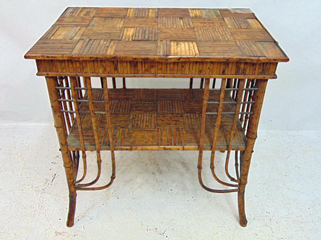 Split Bamboo table or stand with lower shelf, decorative bamboo supports & detail with bamboo: Split Bamboo table or stand with lower shelf, decorative bamboo supports & detail with bamboo checkerboard top, some bamboo on top in loose, we have a bag with pieces, table is 25.25" by 16.25", heigh