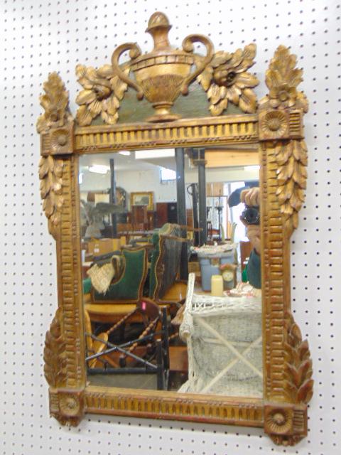 Antique carved framed mirror with urn top, gold painted with carved flowers & painted detail, mirror: Antique carved framed mirror with urn top, gold painted with carved flowers & painted detail, mirror is 37" tall, 24" wide