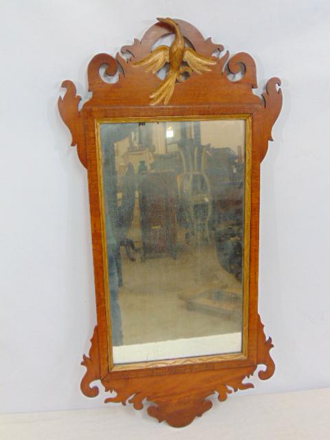 Antique Chippendale mirror with gilt bird, with inlaid edge, & gold painted inner trim, mirror is: Antique Chippendale mirror with gilt bird, with inlaid edge, & gold painted inner trim, mirror is 35.25" tall, width is 18"