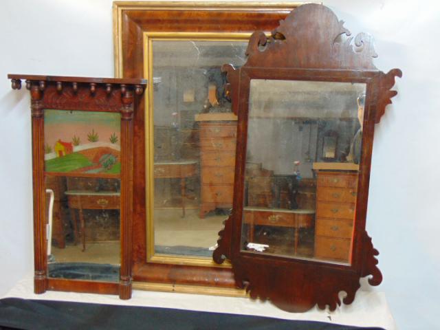 3 antique mirrors, Chippendale, OG, double panel, 19th Century mahogany Chippendale mirror with: 3 antique mirrors, Chippendale, OG, double panel, 19th Century mahogany Chippendale mirror with inlaid detail 37" by 20.5"; double panel mirror with folksy Eglomise top, acorn decorations, 27.5" by 16