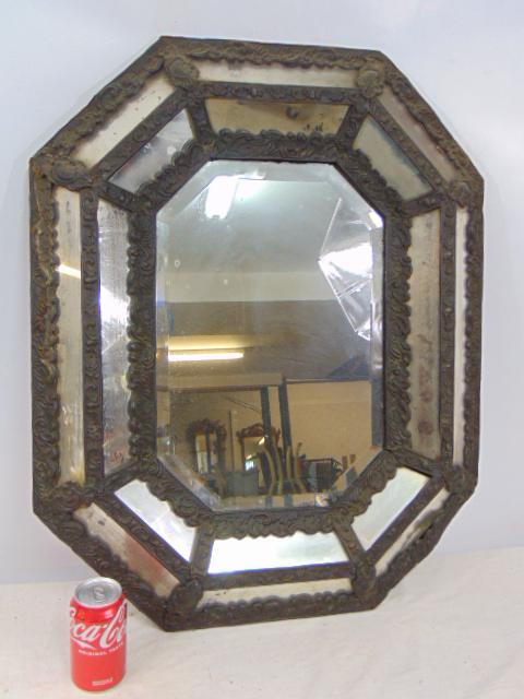 Antique Venetian mirror, with glass panel frame separated by pressed copper strips, mirror is 30.75": Antique Venetian mirror, with glass panel frame separated by pressed copper strips, mirror is 30.75" by 24.75"