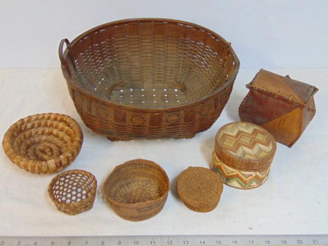 7 native American baskets, one large woven basket with paint decorated edge (has missing handle),: 7 native American baskets, one large woven basket with paint decorated edge (has missing handle), and 6 small baskets, various designs, some with lids, please see images for detail.