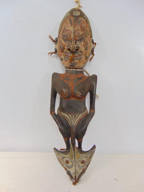 Aboriginal figural wood carving, female figure with mask, carved & painted wood, height is 33": Aboriginal figural wood carving, female figure with mask, carved & painted wood, height is 33"