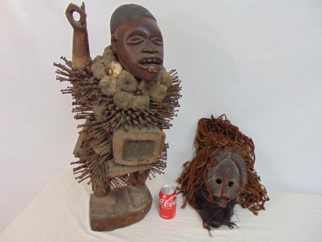 African Congo nail fetish figure & mask, carved Nkisi figure with nails: African Congo nail fetish figure & mask, carved Nkisi figure with nails, appears to be holding a spear (?) which is missing, and mask with beard, breaded hair, figure is 29" tall, mask is 9" (wood onl