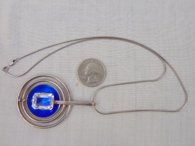 Jewelry. David Andersen Vintage 1960's Trollspeil pendant w/ sterling chain blue enamel sterling, 9: Jewelry. David Andersen Vintage 1960's Trollspeil pendant w/ sterling chain blue enamel sterling, 9 1/2" length & 1 3/4" wide, fully hallmarked, chain 925, good condition. centered by a clear crystal