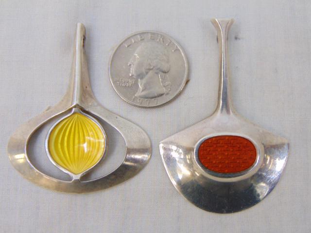 Jewelry. (2) David Anderson Bjorn Ostern Guilloche enamel sterling pendants, orange enamel pendant: Jewelry. (2) David Anderson Bjorn Ostern Guilloche enamel sterling pendants, orange enamel pendant 11.38 grams designed by B.S.O. yellow enamel pendant 7.30 grams hallmark Norway sterling 925s, both i