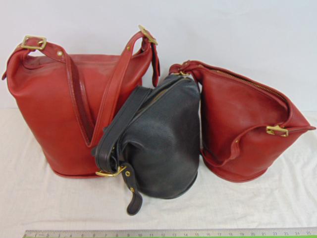 (3) Vintage Coach bucket bags, one large red bucket bag & two medium size red & black, see photos: (3) Vintage Coach bucket bags, one large red bucket bag & two medium size red & black, see photos for size