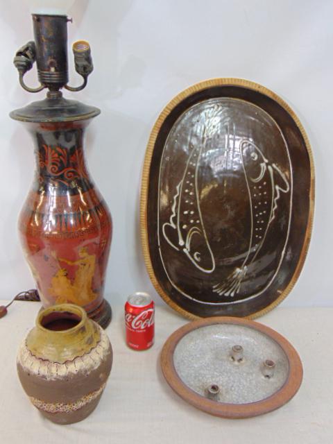 Neo classical table lamp & 3 pieces stoneware, Eglomise , reverse painted glass table lamp with: Neo classical table lamp & 3 pieces stoneware, Eglomise , reverse painted glass table lamp with various neo classical Greek figures, in black & red, lamp is 20" tall (just the body, total height is 31