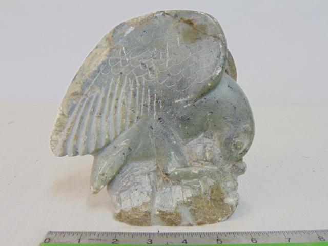 Carved soapstone bird, grey, signed on bottom initials "P.W." or "R.W.", 6.5" tall, repair to top of: Carved soapstone bird, grey, signed on bottom initials "P.W." or "R.W.", 6.5" tall, repair to top of wing