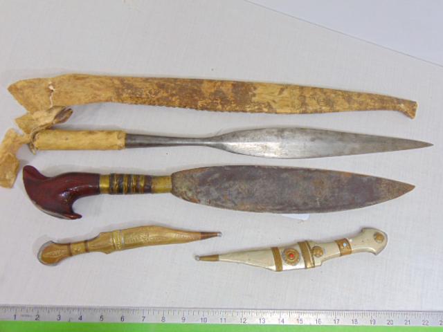 4 ethnic knives, daggers, African, one with wood handle, 21.75" long, 2 small knives with scabbards,: 4 ethnic knives, daggers, African, one with wood handle, 21.75" long, 2 small knives with scabbards, silver & brass tones & large African (?) spear head in sheath, spear is 23"