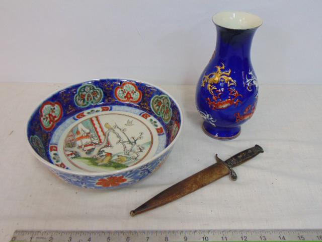 Chinese porcelain bowl & vase plus small Chinese dagger, porcelain signed bowl with decorative: Chinese porcelain bowl & vase plus small Chinese dagger, porcelain signed bowl with decorative border & bird on branch interior, 10" in diameter, height is 3"; small blue vase decorated with crabs, ha