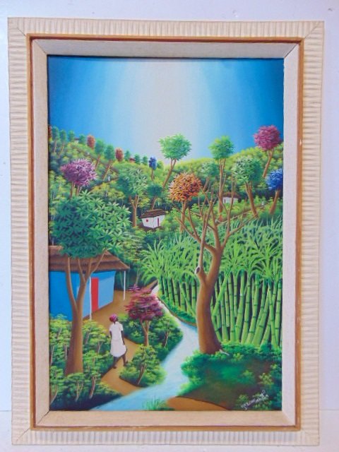 Painting, Haitian, Jean-Louis Senatus, figure walking near small cabin in bamboo forest, oil on maso: Painting, Haitian, Jean-Louis Senatus, figure walking near small cabin in bamboo forest, oil on Masonite, 23.75" by 16"