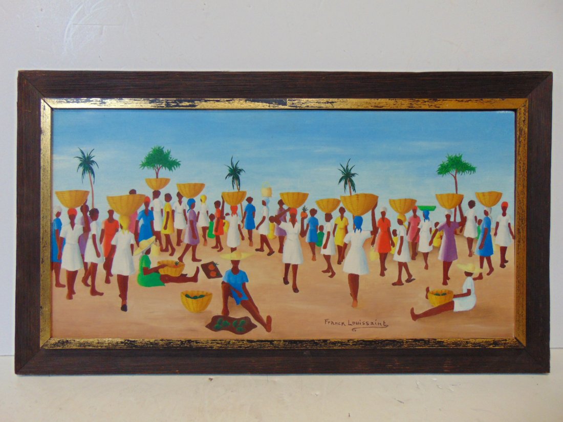 Painting, Haitian, Frank Louissaint, market scene with various woman with baskets on head, oil on Ma: Painting, Haitian, Frank Louissaint, market scene with various woman with baskets on head, oil on Masonite, 12" by 24"