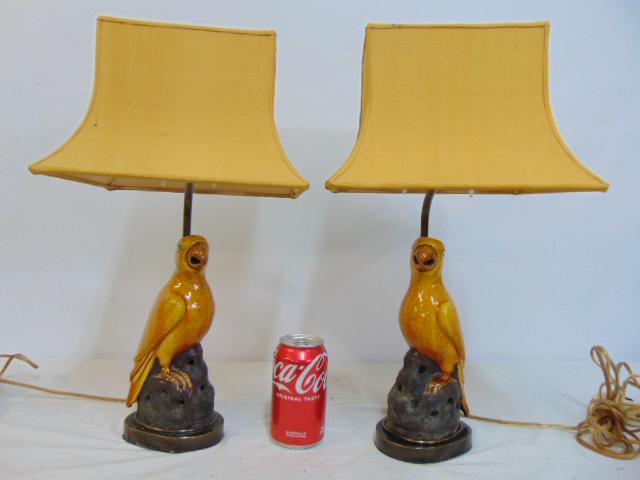 Pair small parrot base table lamps with linen shades, ceramic parrot bases, lamps are 18.25" tall.: Pair small parrot base table lamps with linen shades, ceramic parrot bases, lamps are 18.25" tall.