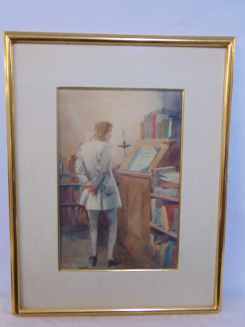 Painting, man by lectern, Everett Shinn, watercolor, man looking at Frederic Chopin sheet music on: Painting, man by lectern, Everett Shinn, watercolor, man looking at Frederic Chopin sheet music on lectern, 13.5" by 9"