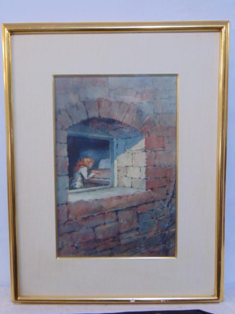 Painting, figure playing piano, Everett Shinn, watercolor, figure seen through window in large solid: Painting, figure playing piano, Everett Shinn, watercolor, figure seen through window in large solid brick wall playing piano, 13.5" by 9", signed