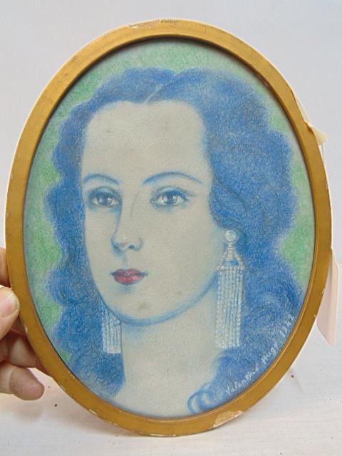 Drawing, portrait, Valentine Hugo, 1942, oval portrait of a lady with earrings, pastel on paper,: Drawing, portrait, Valentine Hugo, 1942, oval portrait of a lady with earrings, pastel on paper, extensive writing on reverse, 9.5" by 7.25" (oval)