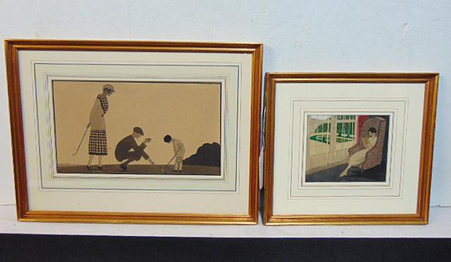 2 paintings, Andre Edouard Marty, "A Game of Golf", watercolor, 6" by 10.5" (matting), dated 1921 &: 2 paintings, Ande Edouard Marty, "A Game of Golf", watercolor, 6" by 10.5" (matting), dated 1921 & lady reading in chair, 4.25" by 5.25"