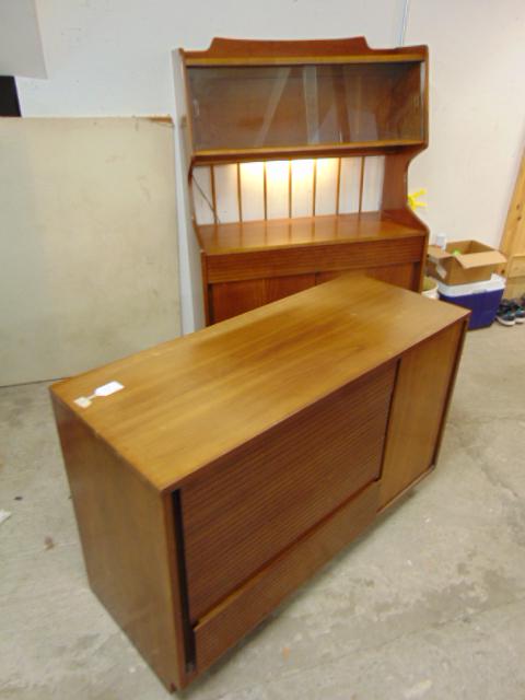 Mid Century bar & chest, by Henredon, double door base bar cabinet with sliding glass doors & build: Mid Century bar & chest, by Henredon, double door base bar cabinet with sliding glass doors & build in light, bar is 45.5" wide, depth is 20", height is 65, cabinet has 3 drawers flanked by cabinet