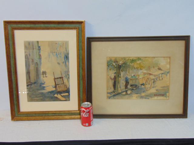2 paintings, E.R. Garino, watercolor, two figures in a street, Naples 1958, Esteban Roberto Garino,: 2 paintings, E.R. Garino, watercolor, two figures in a street, Naples 1958, Esteban Roberto Garino, 13.25" by 9.25" & figure by horse drawn cart, 9.5" by 13.5", both are signed.