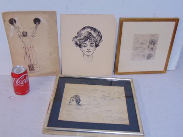 4 illustrations, pen & ink, "Good-Bye", signed Blum, 12.25" by 8.5"; ink drawing, portrait lady,: 4 illustrations, pen & ink, "Good-Bye", signed Blum, 12.25" by 8.5"; ink drawing, portrait lady, possibly Dana Gibson, 11 7/8" by 9 7/8" (missing small piece of corner), study, portraits, flowers, sig