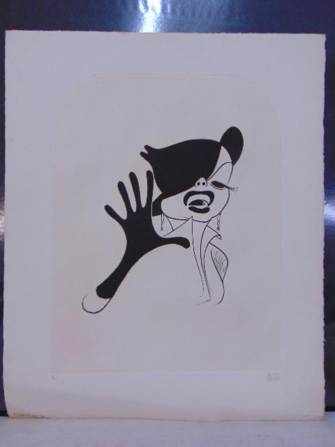 Al Hirschfeld lithograph, 117/525, pencil signed, 1985, issued by The Margo Feiden Galleries, New: Al Hirschfeld lithograph, 117/525, pencil signed, 1985, issued by The Margo Feiden Galleries, New York, sheet is 23 5/8" by 19 1/8", small stain lower left, slight crevice bottom margin.