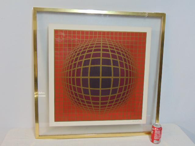 Lithograph, "Titan D", Victor Vasarely, edition 6/200, framed between two glass panels, 25" by 25".: Lithograph, "Titan D", Victor Vasarely, edition 6/200, framed between two glass panels, 25" by 25".