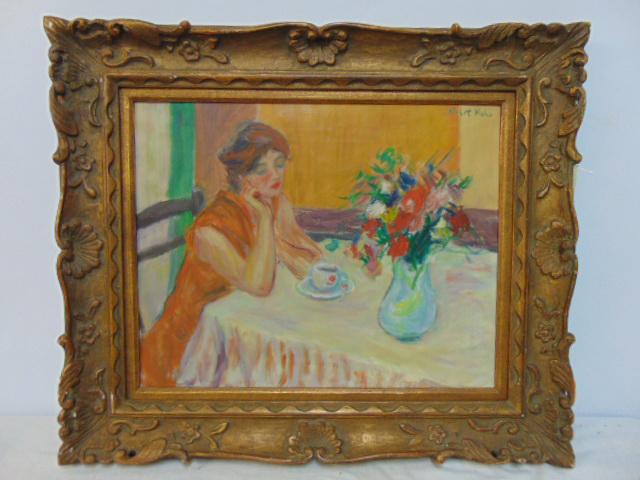 Painting, lady by table, Albert Mohr, oil on canvas, 16" by 20": Painting, lady by table, Albert Mohr, oil on canvas, 16" by 20"