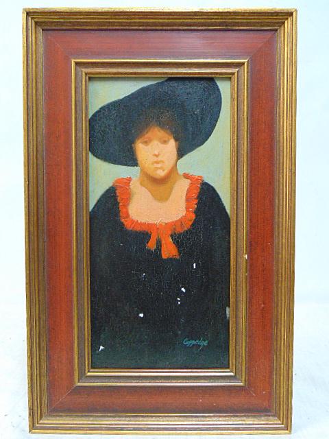Painting, portrait, lady with hat, Arthur Coppedge, oil on Masonite, 9.75" by 4.75", has some flakes: Painting, portrait, lady with hat, Arthur Coppedge, oil on Masonite, 9.75" by 4.75", has some flakes missing in the black part of the painting.