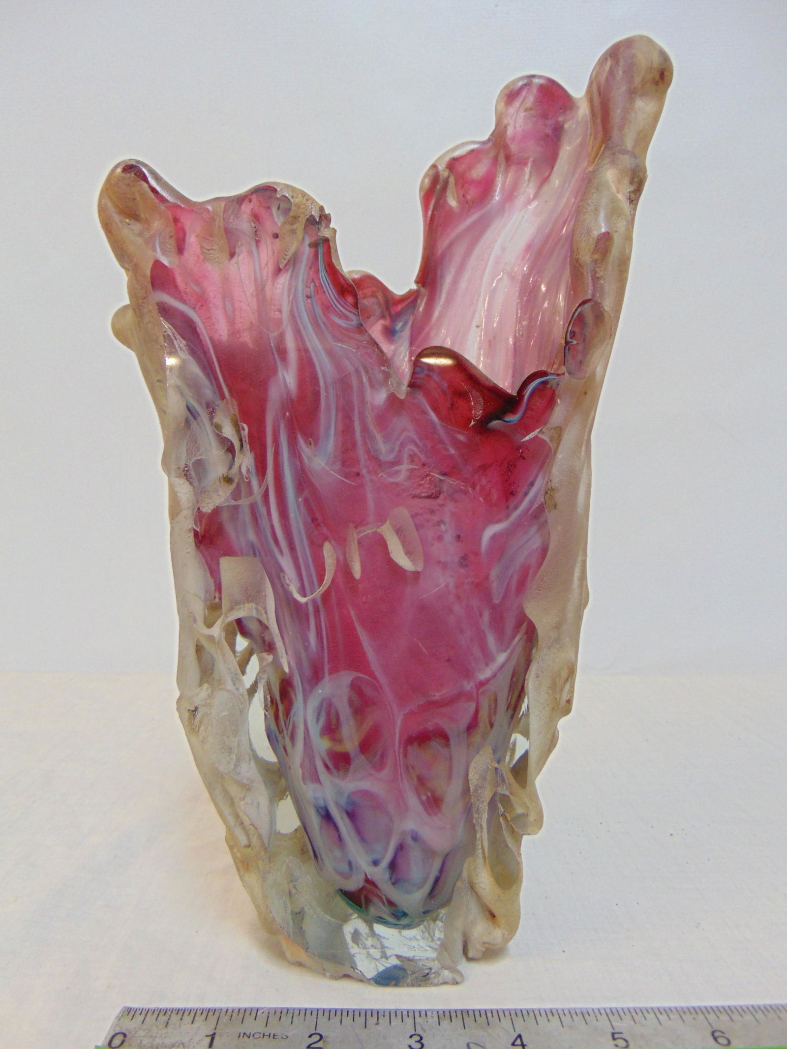 Jon Kuhn art glass vase, in pink, white, dated 1983, height is 11.25", few small chips on side,: Jon Kuhn art glass vase, in pink, white, dated 1983, height is 11.25", few small chips on side, otherwise in good condition