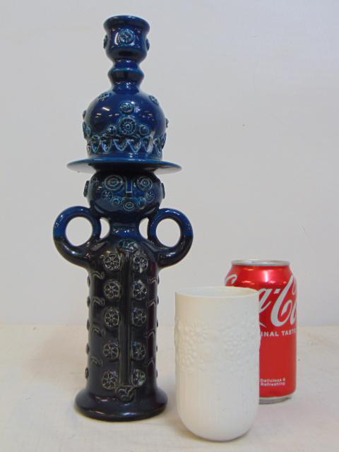 Rosenthal candle holder & vase, figural glazed porcelain candle holder in blue, height is 13" &: Rosenthal candle holder & vase, figural glazed porcelain candle holder in blue, height is 13" & small Bjorn Wiinblad floral decorated vase in white, 4 1/8" tall, good condition.