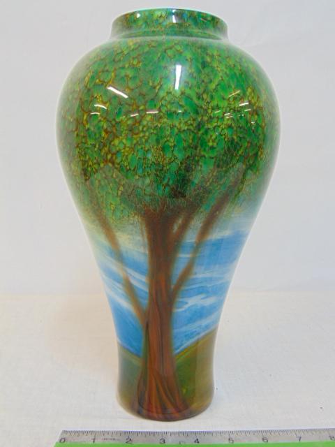 Orient & Flume glass vase by David Smallhouse, decorated with trees, landscape, vase is 12 3/8": Orient & Flume glass vase by David Smallhouse, decorated with trees, landscape, vase is 12 3/8" tall, in good condition.