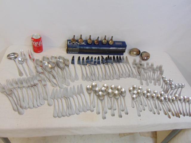 Scandinavian design lot, Hackman Finland flatware, Dansk candles & pear shaped candle holders & two: Scandinavian design lot, Hackman Finland flatware, Dansk candles & pear shaped candle holders & two small ashtrays by Cohr, Danmark, flatware includes 11 dinner spoons, 18 dinner knives, 11 dinner for
