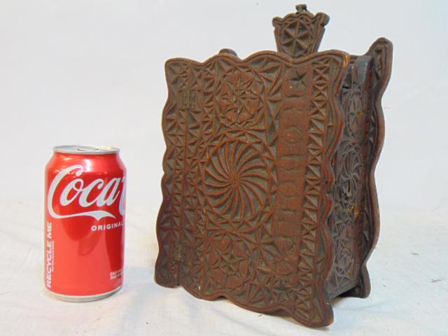 Pennsylvania Dutch grater, horseradish, "Rodolfo" carved in lid, nicely carved, 8" by 6.75", height: Pennsylvania Dutch grater, horseradish, "Rodolfo" carved in lid, nicely carved, 8" by 6.75", height is 3.5"