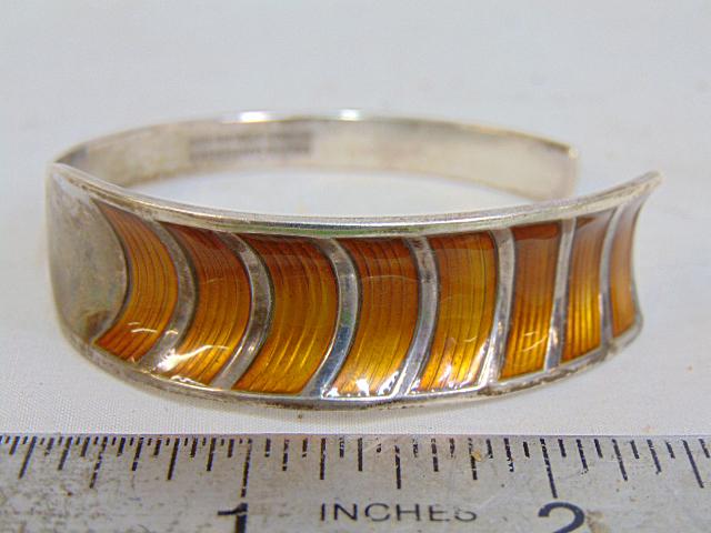 Jewelry. David Andersen Norway sterling & Guilloche enamel bracelet/cuff, 3/4" wide, cuff opening: Jewelry. David Andersen Norway sterling & Guilloche enamel bracelet/cuff, 3/4" wide, cuff opening 1", 38.48 grams, (8) panels of orange enamel set in sterling, good condition