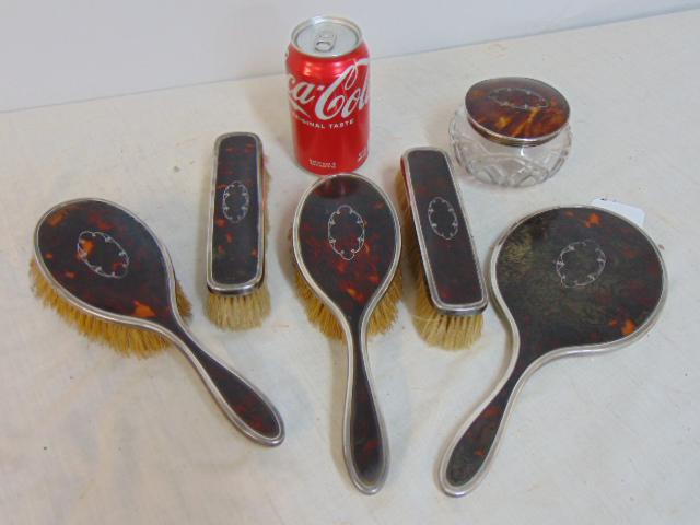 Silver vanity set, 4 brushes, hand held mirror & crystal lidded jar: Silver vanity set, 4 brushes, hand held mirror & crystal lidded jar