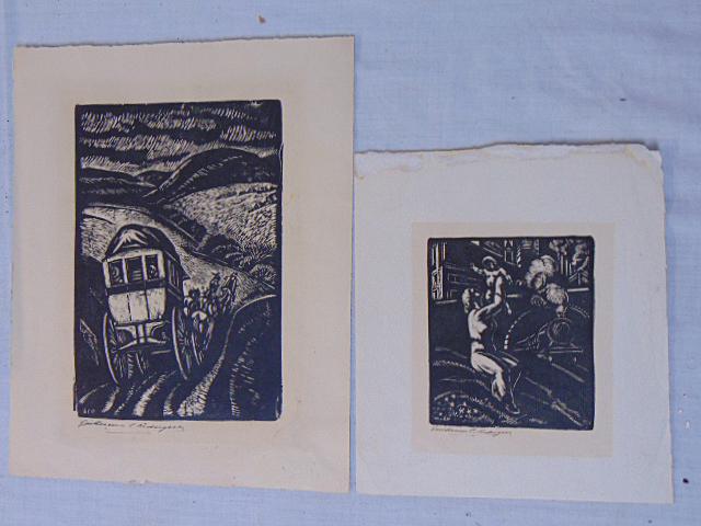 2 woodcut prints, Guillermo Rodriguez, Coach in landscape 13.5" by 10.75" & Mother & Child, 10" by: 2 woodcut prints, Guillermo Rodriguez, Coach in landscape 13.5" by 10.75" & Mother & Child, 10" by 9" (sheet size)