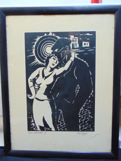 Woodblock print, Frans Masereel, "Chanson Sentimentale", signed and numbered original, 27/30, dated: Woodblock print, Frans Masereel, "Chanson Sentimentale", signed and numbered original, 27/30, dated 1931, 25 1/8" by b19" (sight), some dirt visible under glass