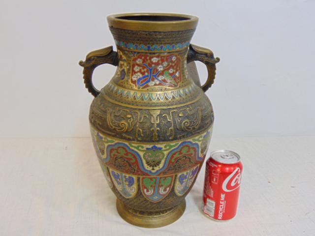 Large Japanese cloisonne, champleve vase with handles, various shield decorations, vase is 14" tall.: Large Japanese cloisonne, champleve vase with handles, various shield decorations, vase is 14" tall.