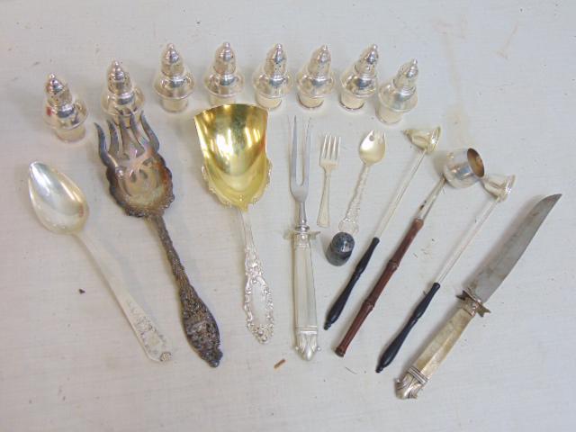 Lot sterling silver spoons, salts & peppers, candle sniffer & more, 16 troy estimated weight.: Lot sterling silver spoons, salts & peppers, candle sniffer & more, 16 troy estimated weight.