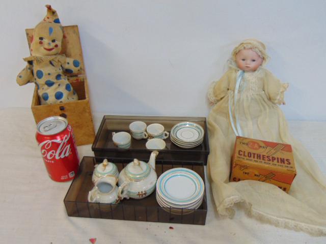 Bisque head baby, dollhouse tea set, Jack in the Box & box of clothespins in original packaging,: Bisque head baby, dollhouse tea set, Jack in the Box & box of clothespins in original packaging, bisque head doll marked FD 78
