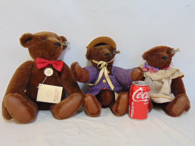 3 Steiff teddy bears, bear with knitted shirt, hat 0160/342, 12"; collectors edition Steiff bear,: 3 Steiff teddy bears, bear with knitted shirt, hat 0160/342, 12"; collectors edition Steiff bear, "Alexander", 0160/42, 15" & "Lucille", teddy bear in dress, 0160/32, all in good condition.