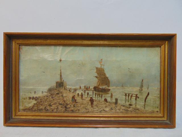Painting, sail ship by pier, various figures, unsigned, oil on canvas, some chips, loose on: Painting, sail ship by pier, various figures, unsigned, oil on canvas, some chips, loose on stretcher, 6.25" by 12.5"