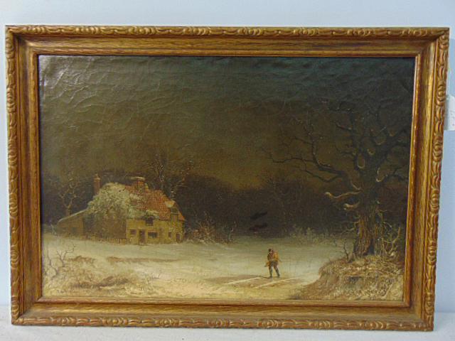 Painting, figure in winter landscape, sgd. Bonfield, 1867, oil on burlap, figure walking in snowy: Painting, figure in winter landscape, sgd. Bonfield, 1867, oil on burlap, figure walking in snowy woods, small house nearby, canvas is 20.5" by 30.25".