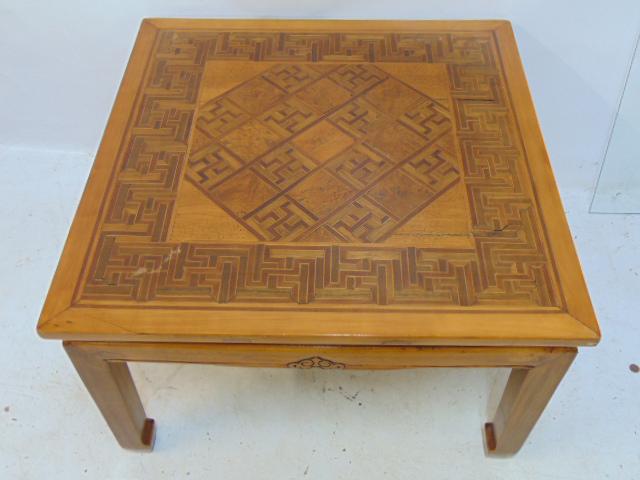 Inlaid Chinese table, geometric designs, table is 28.25" by 28.25", height is 17.75", comes with: Inlaid Chinese table, geometric designs, table is 28.25" by 28.25", height is 17.75", comes with glass top