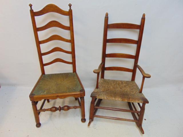2 rush seat ladderback chairs, rocker & regular side chair, 19th Century.: 2 rush seat ladderback chairs, rocker & regular side chair, 19th Century.