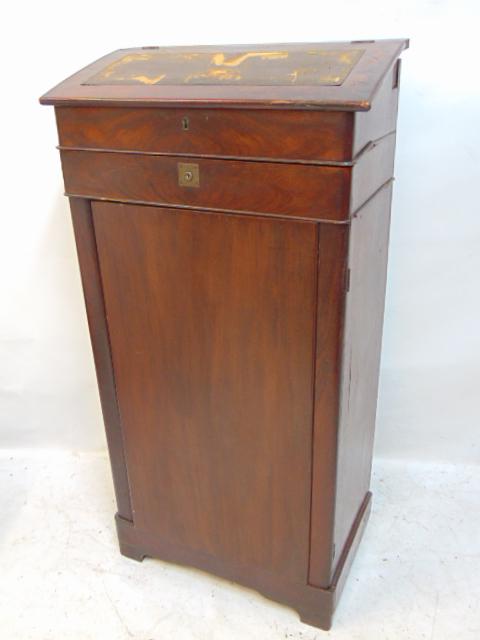 Empire mahogany lectern with base cabinet, some loose, missing trim, 23" wide, 13.25" deep, height: Empire mahogany lectern with base cabinet, some loose, missing trim, 23" wide, 13.25" deep, height is 46.25"