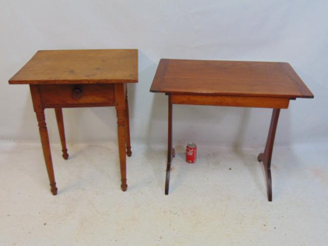 2 stands, tables, single drawer work stand in maple, 18.25" by 22" height is 27.25" & single drawer: 2 stands, tables, single drawer work stand in maple, 18.25" by 22" height is 27.25" & single drawer pine stand, signed "R", stand is 18" by 28"